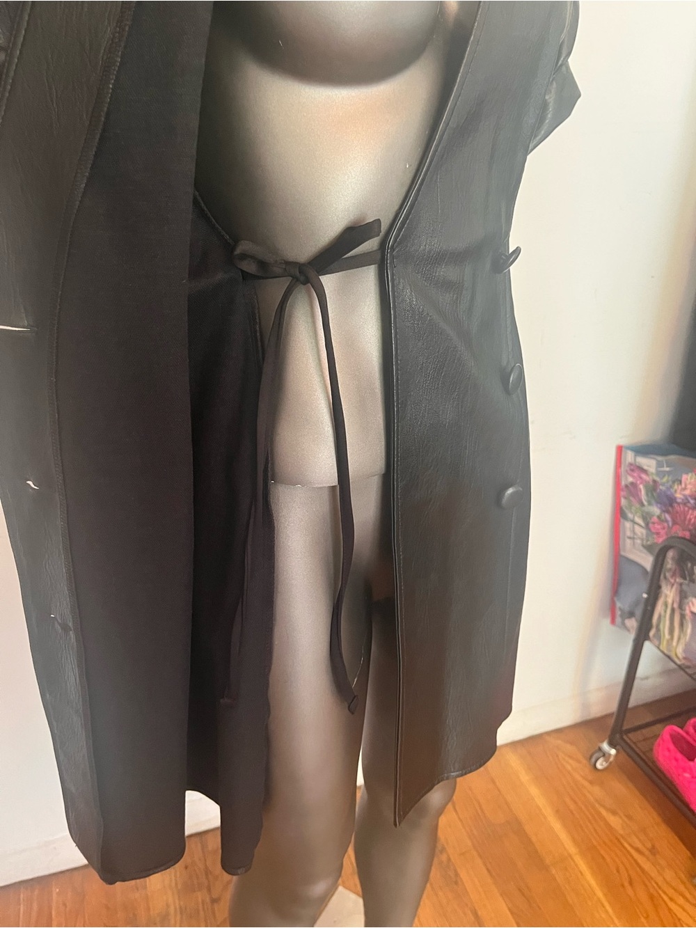 ASOS Black Faux Leather Puff-Sleeve Wrap Dress - Picture 2 of 9